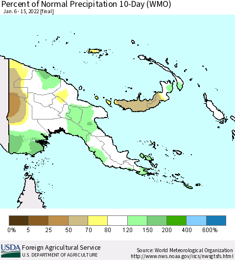 Papua New Guinea Percent of Normal Precipitation 10-Day (WMO) Thematic Map For 1/6/2022 - 1/15/2022