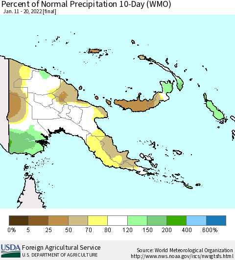 Papua New Guinea Percent of Normal Precipitation 10-Day (WMO) Thematic Map For 1/11/2022 - 1/20/2022