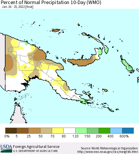 Papua New Guinea Percent of Normal Precipitation 10-Day (WMO) Thematic Map For 1/16/2022 - 1/25/2022