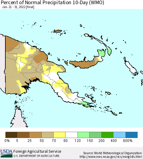 Papua New Guinea Percent of Normal Precipitation 10-Day (WMO) Thematic Map For 1/21/2022 - 1/31/2022