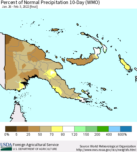 Papua New Guinea Percent of Normal Precipitation 10-Day (WMO) Thematic Map For 1/26/2022 - 2/5/2022