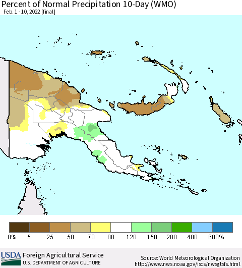 Papua New Guinea Percent of Normal Precipitation 10-Day (WMO) Thematic Map For 2/1/2022 - 2/10/2022