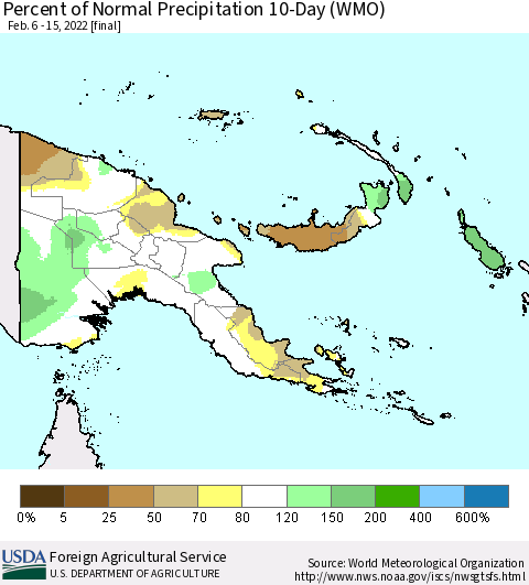 Papua New Guinea Percent of Normal Precipitation 10-Day (WMO) Thematic Map For 2/6/2022 - 2/15/2022