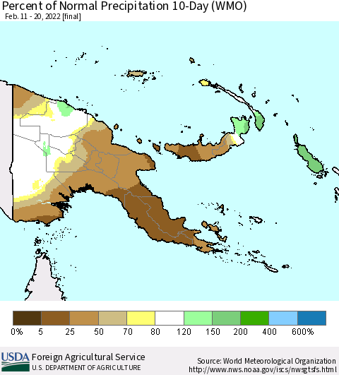 Papua New Guinea Percent of Normal Precipitation 10-Day (WMO) Thematic Map For 2/11/2022 - 2/20/2022