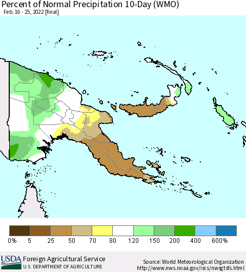 Papua New Guinea Percent of Normal Precipitation 10-Day (WMO) Thematic Map For 2/16/2022 - 2/25/2022