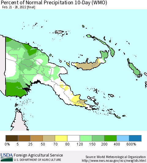 Papua New Guinea Percent of Normal Precipitation 10-Day (WMO) Thematic Map For 2/21/2022 - 2/28/2022