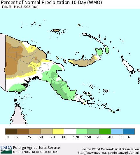 Papua New Guinea Percent of Normal Precipitation 10-Day (WMO) Thematic Map For 2/26/2022 - 3/5/2022