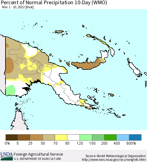 Papua New Guinea Percent of Normal Precipitation 10-Day (WMO) Thematic Map For 3/1/2022 - 3/10/2022