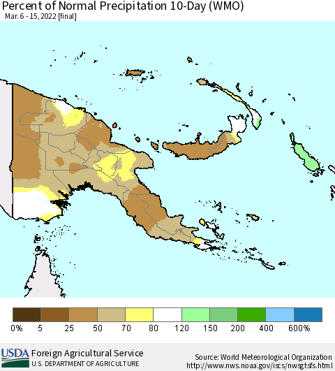 Papua New Guinea Percent of Normal Precipitation 10-Day (WMO) Thematic Map For 3/6/2022 - 3/15/2022
