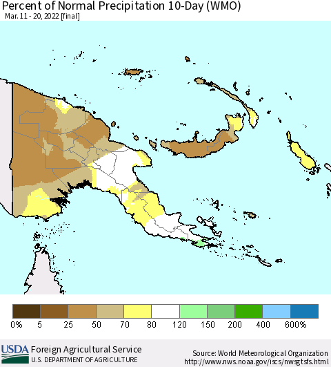 Papua New Guinea Percent of Normal Precipitation 10-Day (WMO) Thematic Map For 3/11/2022 - 3/20/2022