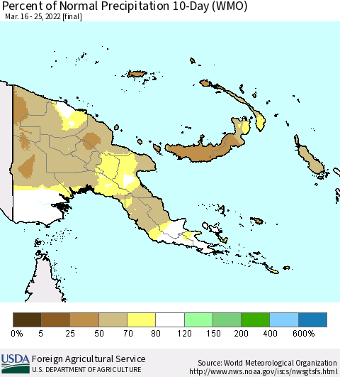 Papua New Guinea Percent of Normal Precipitation 10-Day (WMO) Thematic Map For 3/16/2022 - 3/25/2022