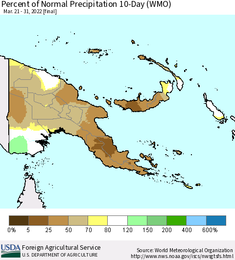 Papua New Guinea Percent of Normal Precipitation 10-Day (WMO) Thematic Map For 3/21/2022 - 3/31/2022