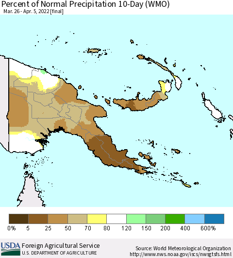 Papua New Guinea Percent of Normal Precipitation 10-Day (WMO) Thematic Map For 3/26/2022 - 4/5/2022