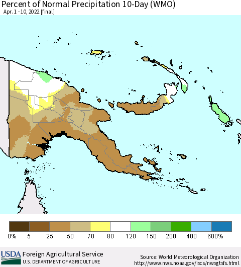 Papua New Guinea Percent of Normal Precipitation 10-Day (WMO) Thematic Map For 4/1/2022 - 4/10/2022