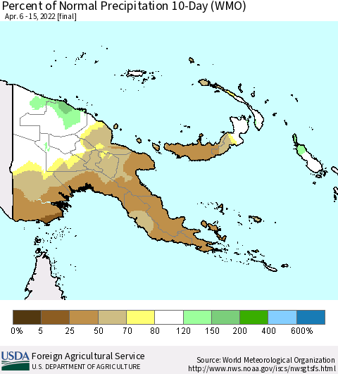 Papua New Guinea Percent of Normal Precipitation 10-Day (WMO) Thematic Map For 4/6/2022 - 4/15/2022