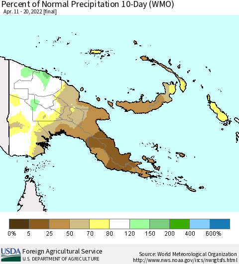 Papua New Guinea Percent of Normal Precipitation 10-Day (WMO) Thematic Map For 4/11/2022 - 4/20/2022