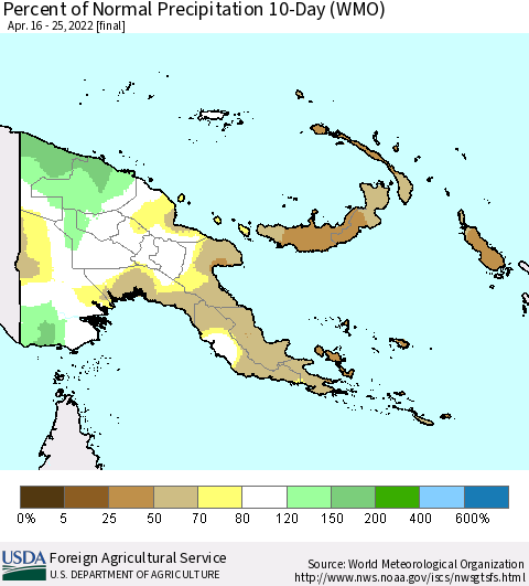 Papua New Guinea Percent of Normal Precipitation 10-Day (WMO) Thematic Map For 4/16/2022 - 4/25/2022