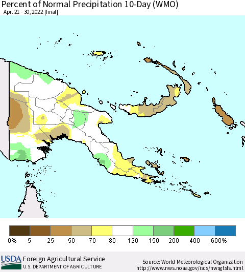 Papua New Guinea Percent of Normal Precipitation 10-Day (WMO) Thematic Map For 4/21/2022 - 4/30/2022