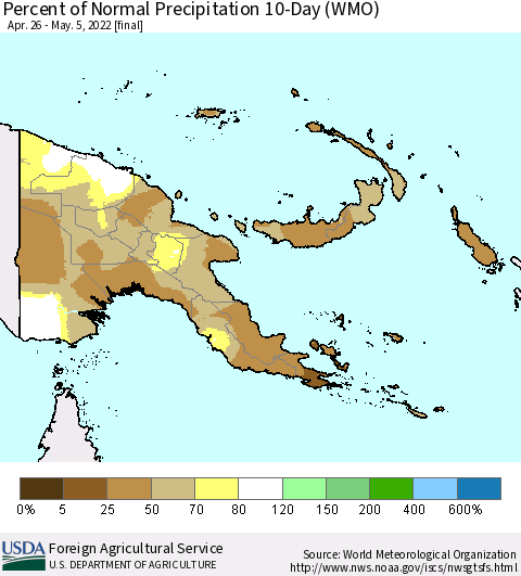 Papua New Guinea Percent of Normal Precipitation 10-Day (WMO) Thematic Map For 4/26/2022 - 5/5/2022