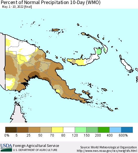 Papua New Guinea Percent of Normal Precipitation 10-Day (WMO) Thematic Map For 5/1/2022 - 5/10/2022