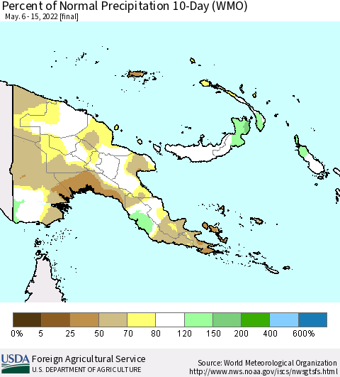 Papua New Guinea Percent of Normal Precipitation 10-Day (WMO) Thematic Map For 5/6/2022 - 5/15/2022