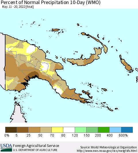 Papua New Guinea Percent of Normal Precipitation 10-Day (WMO) Thematic Map For 5/11/2022 - 5/20/2022