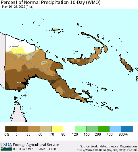 Papua New Guinea Percent of Normal Precipitation 10-Day (WMO) Thematic Map For 5/16/2022 - 5/25/2022