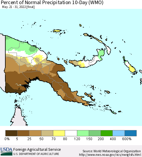 Papua New Guinea Percent of Normal Precipitation 10-Day (WMO) Thematic Map For 5/21/2022 - 5/31/2022