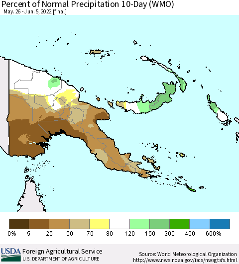 Papua New Guinea Percent of Normal Precipitation 10-Day (WMO) Thematic Map For 5/26/2022 - 6/5/2022