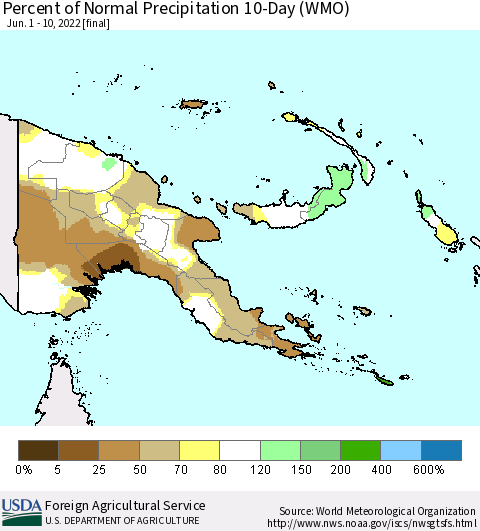 Papua New Guinea Percent of Normal Precipitation 10-Day (WMO) Thematic Map For 6/1/2022 - 6/10/2022