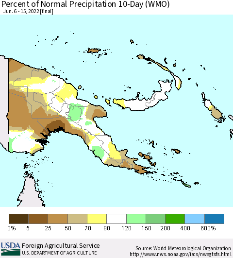 Papua New Guinea Percent of Normal Precipitation 10-Day (WMO) Thematic Map For 6/6/2022 - 6/15/2022