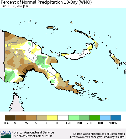 Papua New Guinea Percent of Normal Precipitation 10-Day (WMO) Thematic Map For 6/11/2022 - 6/20/2022