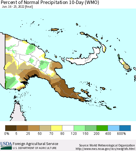 Papua New Guinea Percent of Normal Precipitation 10-Day (WMO) Thematic Map For 6/16/2022 - 6/25/2022