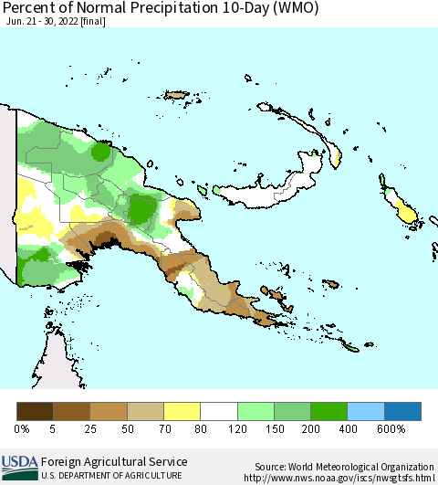Papua New Guinea Percent of Normal Precipitation 10-Day (WMO) Thematic Map For 6/21/2022 - 6/30/2022