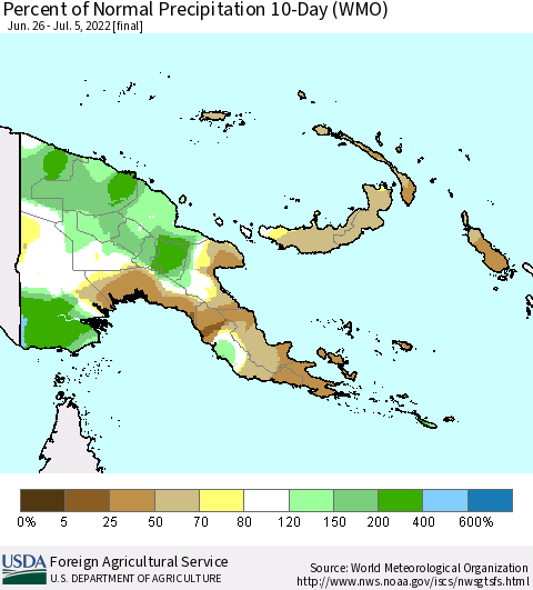 Papua New Guinea Percent of Normal Precipitation 10-Day (WMO) Thematic Map For 6/26/2022 - 7/5/2022