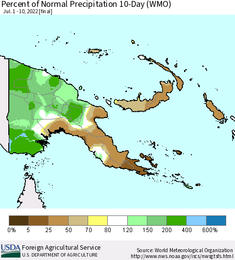Papua New Guinea Percent of Normal Precipitation 10-Day (WMO) Thematic Map For 7/1/2022 - 7/10/2022