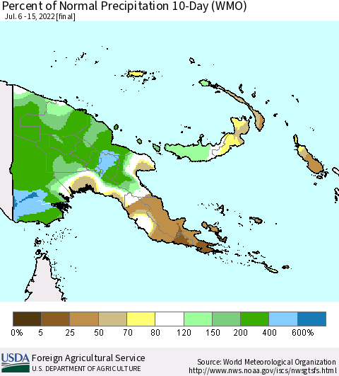 Papua New Guinea Percent of Normal Precipitation 10-Day (WMO) Thematic Map For 7/6/2022 - 7/15/2022