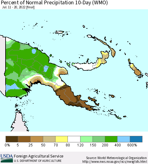 Papua New Guinea Percent of Normal Precipitation 10-Day (WMO) Thematic Map For 7/11/2022 - 7/20/2022