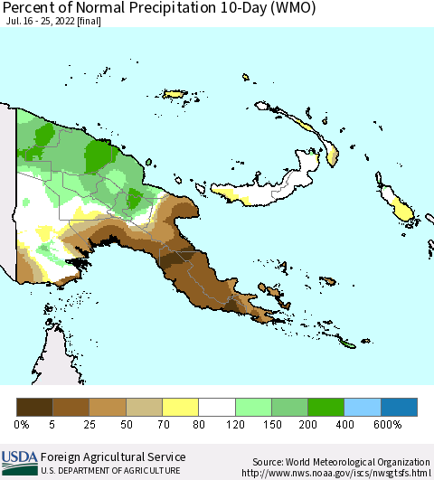 Papua New Guinea Percent of Normal Precipitation 10-Day (WMO) Thematic Map For 7/16/2022 - 7/25/2022