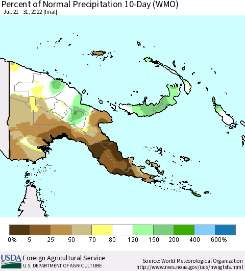 Papua New Guinea Percent of Normal Precipitation 10-Day (WMO) Thematic Map For 7/21/2022 - 7/31/2022