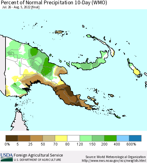 Papua New Guinea Percent of Normal Precipitation 10-Day (WMO) Thematic Map For 7/26/2022 - 8/5/2022