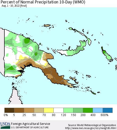 Papua New Guinea Percent of Normal Precipitation 10-Day (WMO) Thematic Map For 8/1/2022 - 8/10/2022