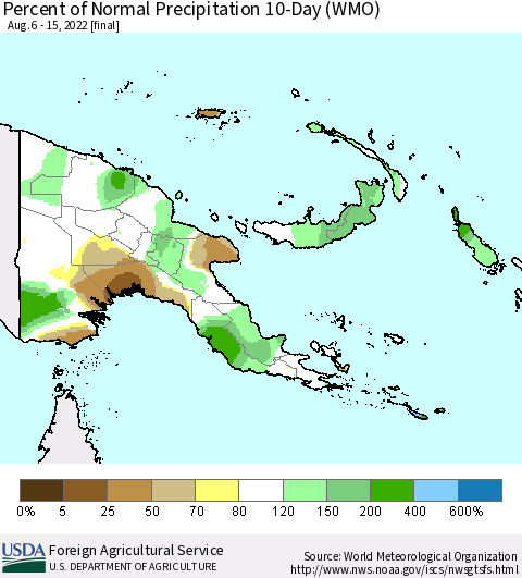 Papua New Guinea Percent of Normal Precipitation 10-Day (WMO) Thematic Map For 8/6/2022 - 8/15/2022