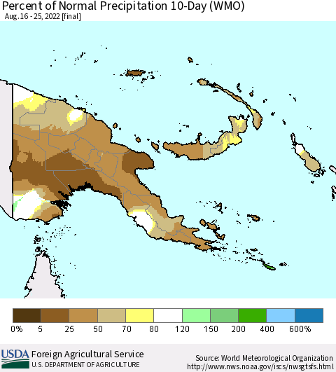Papua New Guinea Percent of Normal Precipitation 10-Day (WMO) Thematic Map For 8/16/2022 - 8/25/2022
