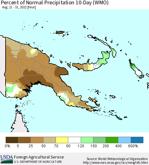 Papua New Guinea Percent of Normal Precipitation 10-Day (WMO) Thematic Map For 8/21/2022 - 8/31/2022