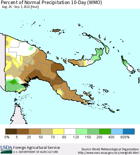 Papua New Guinea Percent of Normal Precipitation 10-Day (WMO) Thematic Map For 8/26/2022 - 9/5/2022