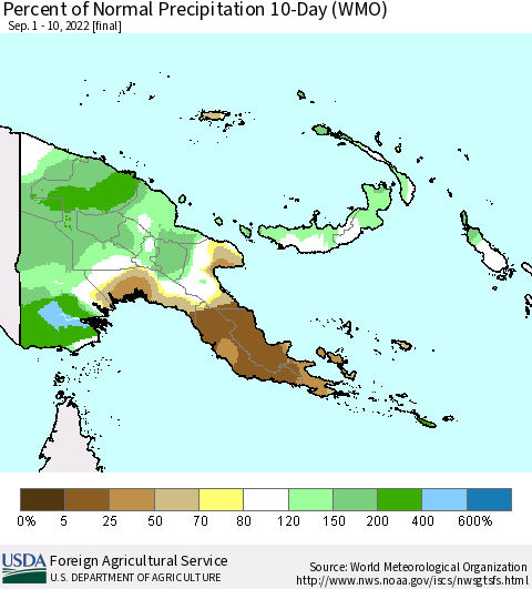Papua New Guinea Percent of Normal Precipitation 10-Day (WMO) Thematic Map For 9/1/2022 - 9/10/2022