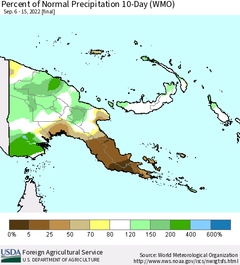 Papua New Guinea Percent of Normal Precipitation 10-Day (WMO) Thematic Map For 9/6/2022 - 9/15/2022