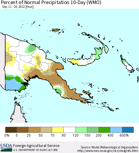 Papua New Guinea Percent of Normal Precipitation 10-Day (WMO) Thematic Map For 9/11/2022 - 9/20/2022