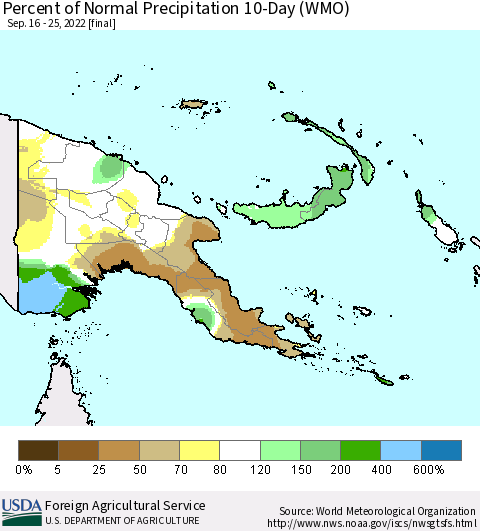 Papua New Guinea Percent of Normal Precipitation 10-Day (WMO) Thematic Map For 9/16/2022 - 9/25/2022